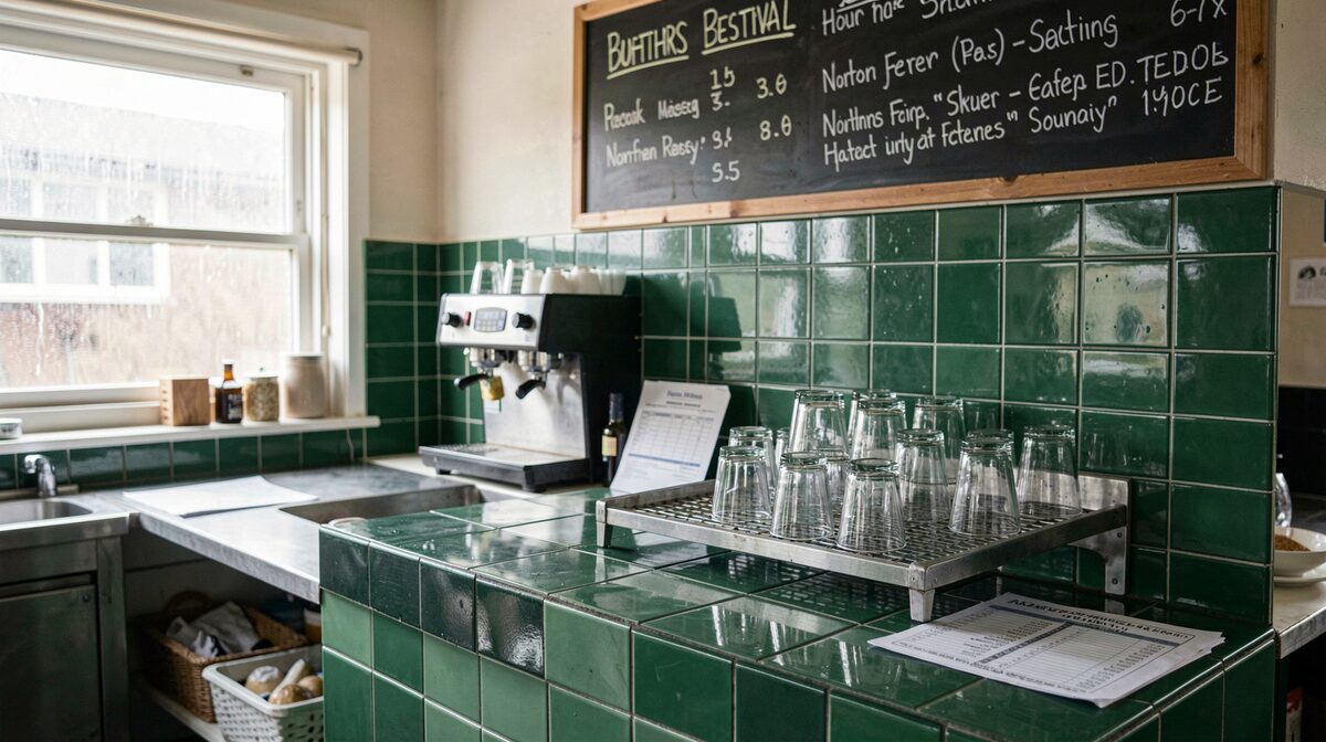 A station buffet counter on a northern railway in the hour before a festival, enamel signal-green tiles, a chalkboard list of pours, a rack of clean half-pint glasses and a folded timetable, wet daylight through the window and no people.