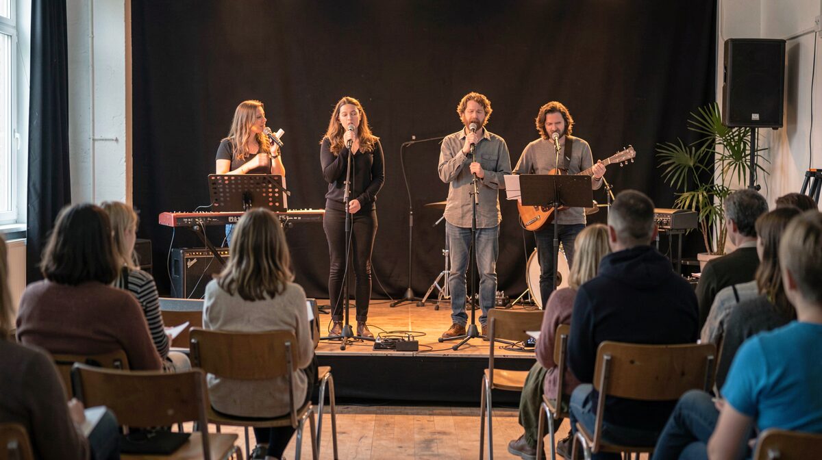 A small club stage after a festival weekend, a vocal quartet's music stands and a single microphone under warm side light, chairs half-filled in the foreground, shot from the back of the room.