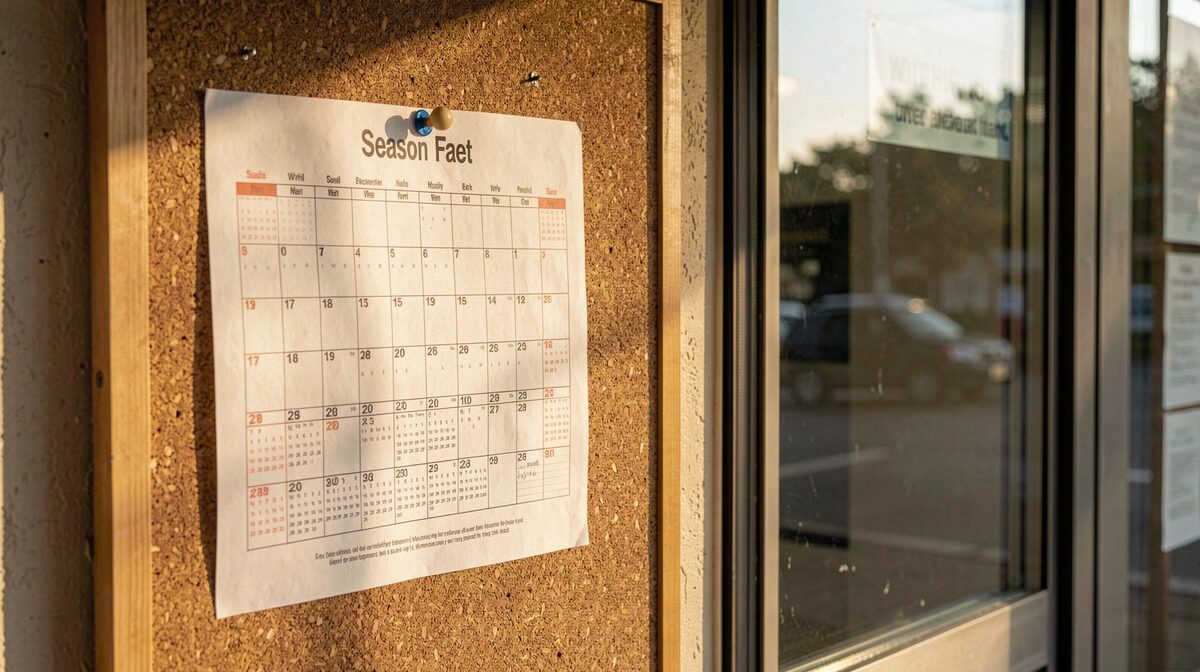 A printed season calendar poster pinned to a cork noticeboard beside a glass box office window, late afternoon light raking across the paper, shot straight on at eye level.