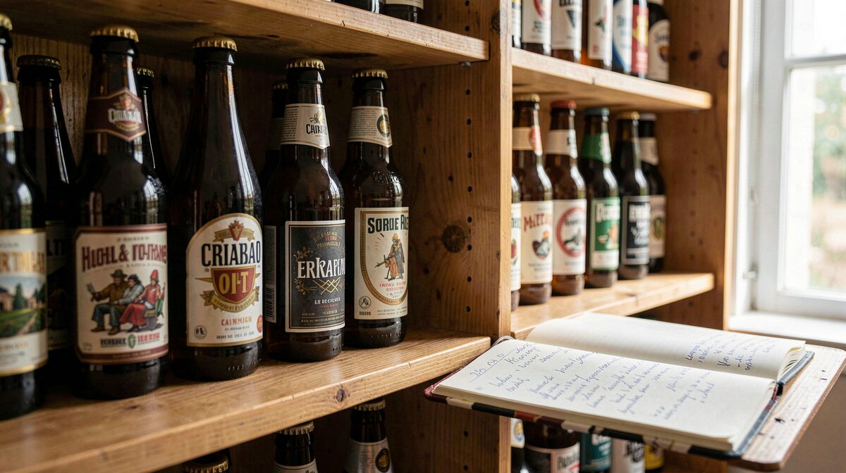 A wooden library shelf of labeled beer bottles beside an open notebook, morning light from a side window, close framing on labels and handwritten notes