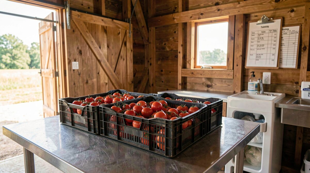 A small Ohio farm packing shed at mid-morning, crates of freshly washed tomatoes on a stainless steel table, a handwashing station and a clipboard with training logs visible in the background, natural light through open barn doors.
